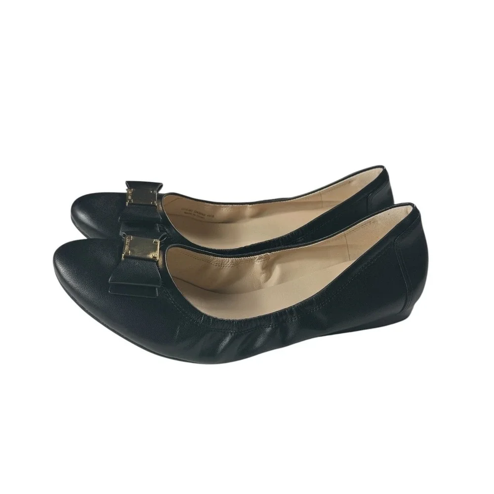 Cole Haan Tali Bow Ballet Flats Black Leather Gold Hardware D43262 Womens 10.5 B